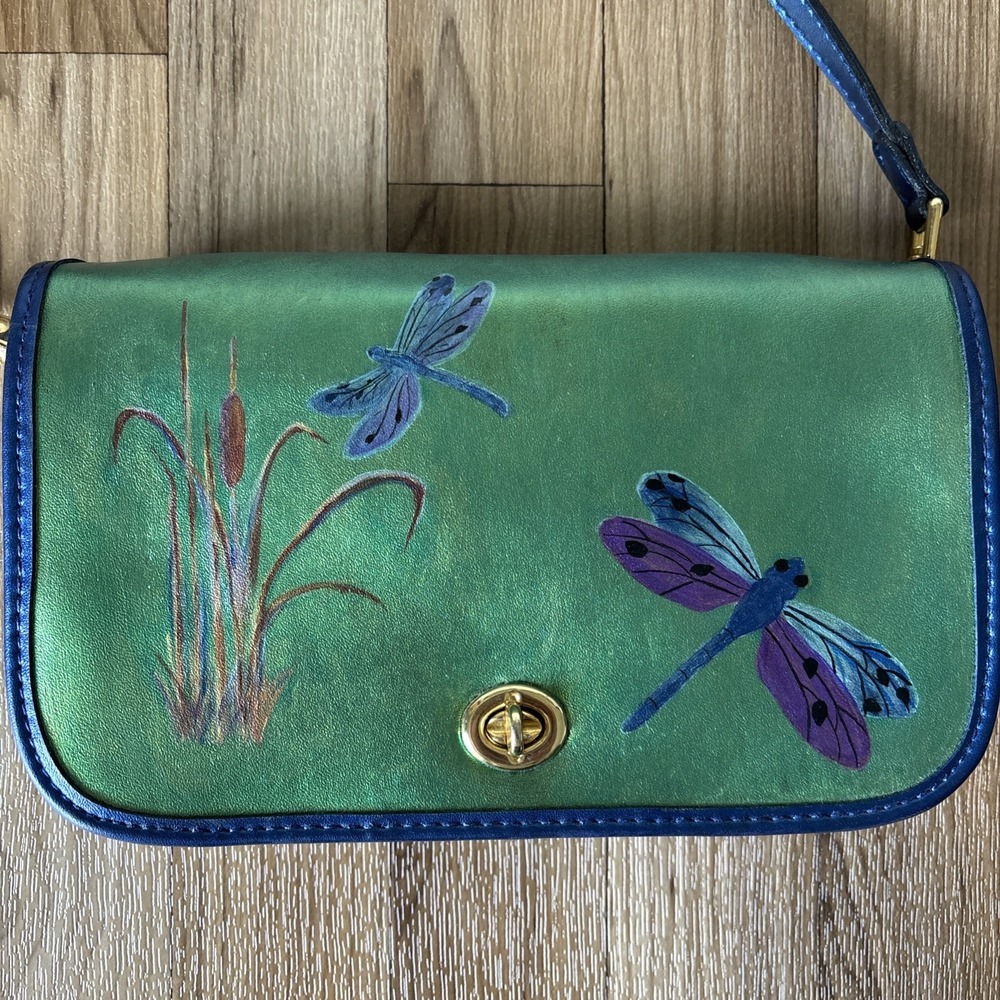 Hand Painted Leather Bag Crossbody Clutch Metallic Green Blue Art to Wear Whimsy